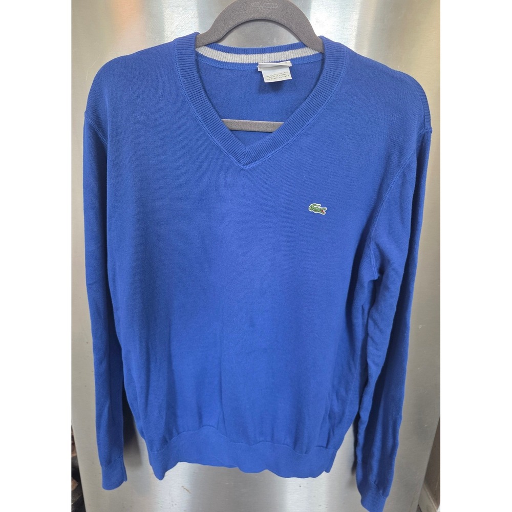 Lacoste Mens Size 5 V-Neck Sweater Blue 100% Cotton F5178 Long Sleeve Pullover